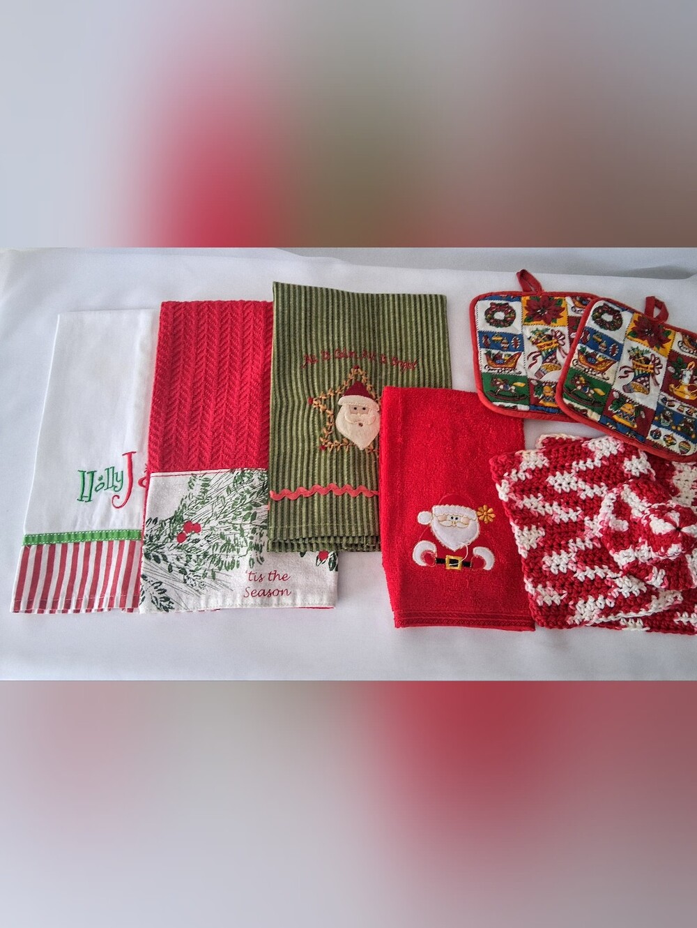 Assortment of Vintage, Crocheted, Embroidered, etc. Christmas Tea Towels & More